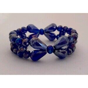 Multi Faceted glass Blue Bow Design Bead Stretch Bracelet